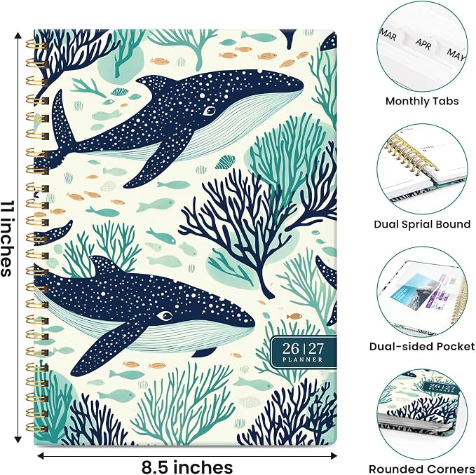 Planner 2026-2027, Academic Year Monthly & Weekly Planner Caledndar, July 2026 - June 2027, Hardcover Large Planning Agenda Book with Tabs for School Office Supplies, 8.5" x 11" - Drifting Whales