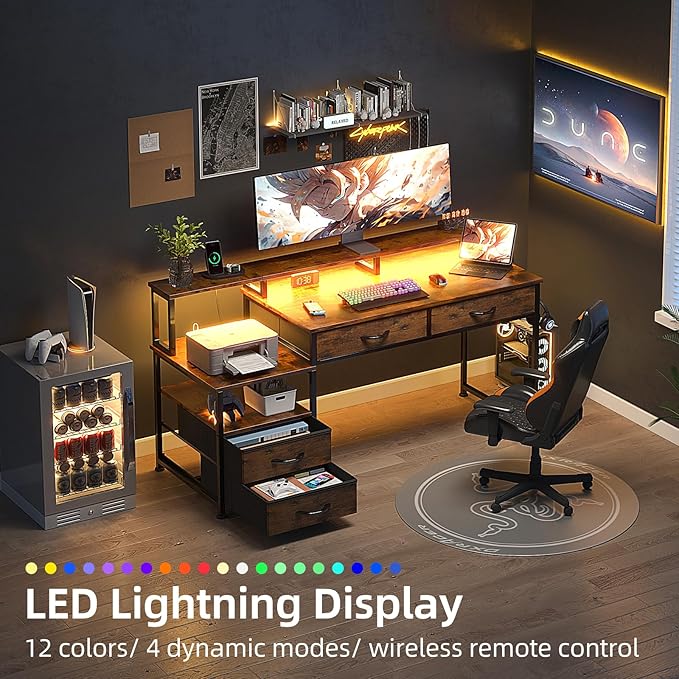 53" Computer Desk with 4 Drawers & Power Outlets, Reversible Home Office Desk with Monitor Stand & Printer Stand, Gaming Desks with Led Lights, Study Writing Work Desks Table for Bedroom, Vintage
