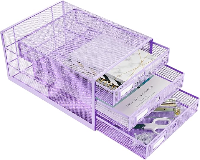 Annova Desk Organizer Wire Mesh 3 Tier Sliding Drawers Paper Sorter/Multifunctional/Premium Solid Construction for Letters, Documents, Mail, Files, Paper, Kids' Art Supplies (Light Pink)