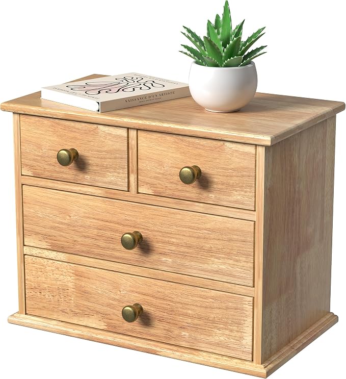 Oak Desk Organizer with Drawers, Durable Wooden Desktop Storage Box | 4 Drawer Tabletop Organizer with Metal Handle & Non-Slip Pad for Office, Bedroom, Bathroom, Vanity, Makeup, Light Burnt Brown