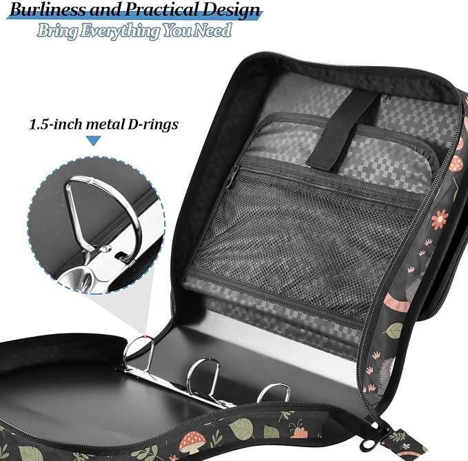 Opossum Mushroom Black Print Zipper Binder Bag 3 Ring with Shoulder Strap & Handle Multi Pocket Binder Organizer Bag Large Capacity for School Office Supplies