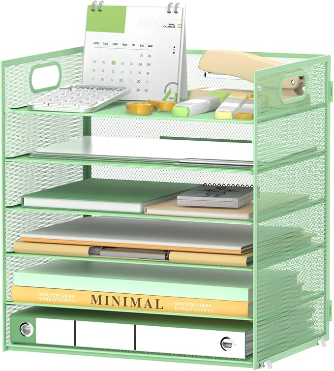 Daltack 6-Tier Paper Organizer for Desk with Handle, Green | Sturdy Metal Mesh Organizer with Movable Middle Trays and a Carry Handle for Papers, Folders and Office Supplies