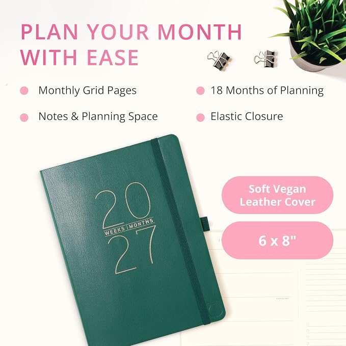 Graphique 18 Month Planner, July 2026 – Dec. 2027 Apollo Collection Green Plan Hardbound Spiral Planner, Monthly Tabs, Holidays, Reminder Stickers, 6 x 8