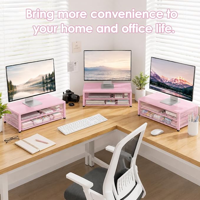 2-Tier Computer Monitor Stand Riser, Laptop Stand for Desk, Desk Organizer for Office, Home and School Supplies, Pink