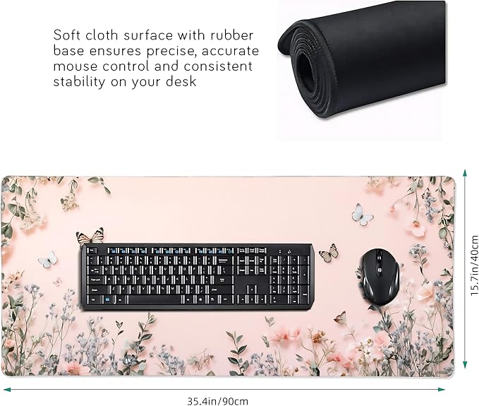 Cute Floral Aesthetic Wildflower Large Mouse Pad, Pink Macaron Desk Mat with Anti-Slip Base & Stitched Edges, Computer Keyboard & Laptop Pad, 35.4" x 15.7" in in Workstation Accessories