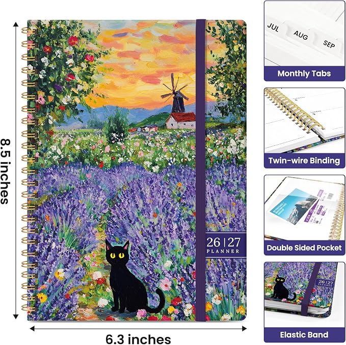 Planner 2026-2027, Monthly & Weekly Jul 2026-Jun 2027 Calendar Book | 6.3" x 8.5", Hardcover Spiral Planner with Tabs, School & Daily Pretty Agenda for Women, Students, Teachers, Lavender Dusk