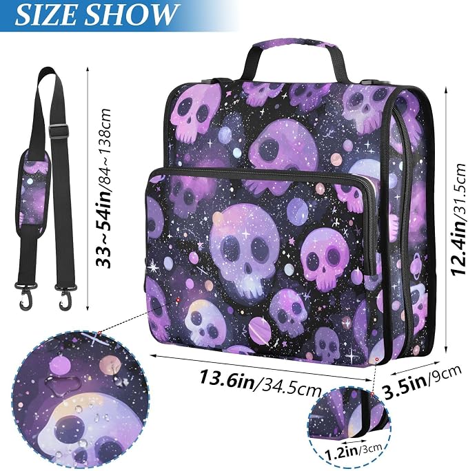 Purple Skulls Black Background 3 Ring Binder Bag 1.5 inch Binder Organizer with Zipper Shoulder Strap 500 Sheet Documents Storage for School Office