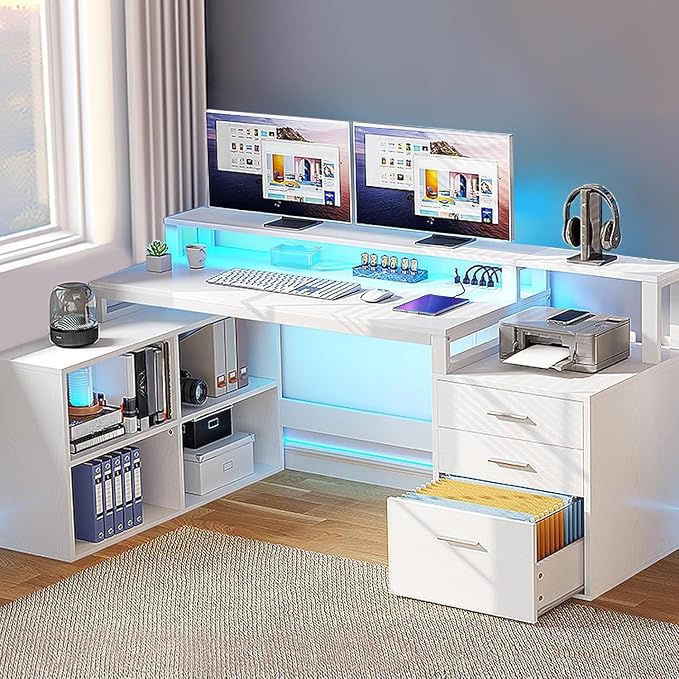 DWVO L Shaped Desk with Drawers | 65" Computer Desk with Power Outlets & LED Lights, Corner Home Office Desk with Storage Shelves & Printer Stand, White