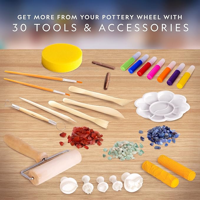 National Geographic Pottery Wheel Refill Kit with 2 Lbs. Air-Dry Clay | 2 Lbs. Air-Dry Clay, 30 Pottery Tools and Accessories, Gemstone Chips, 7 Paints, Sculpting Supplies, Creative Craft