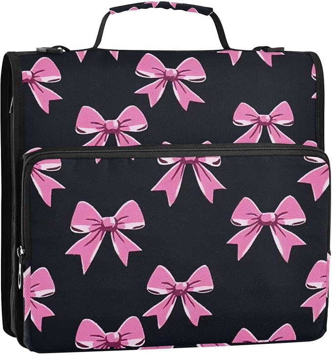 3 Ring Zipper Binder with Shoulder Strap Pink Bow Tie Black 2 Inch Zippered Binder Bag 500 Sheet Capacity Multi Pockets for School Supplies