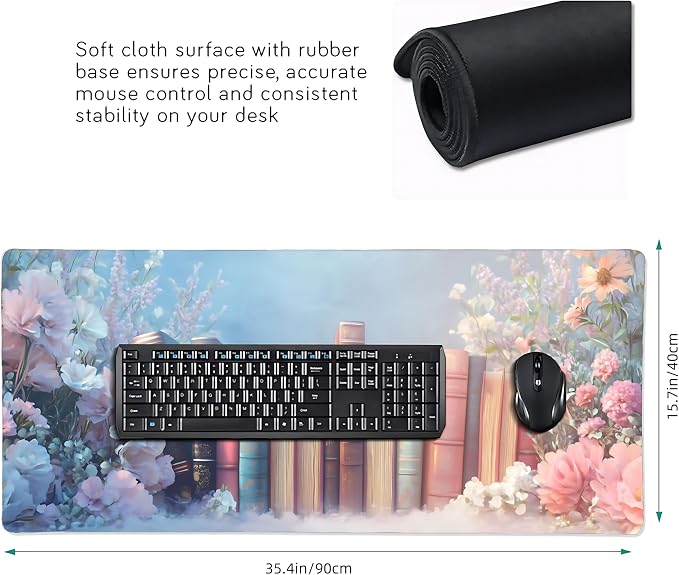 Cute Floral Aesthetic Book Gaming Mouse Pad, Blue Pink Dreamy Desk Mat with Anti-Slip Base & Stitched Edges, Office Supplies & Desk Decor for Women, 35.4" x 15.7" in Home Office Essentials