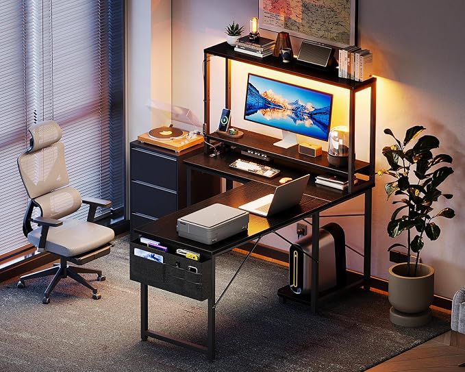 AODK L Shaped Desk Gaming Desk with LED Light & Power Outlet | 43 Inch Black Reversible L Shaped Computer Table with Shelf, Corner Desk with Storage Bag&Hook for Home Office Desk