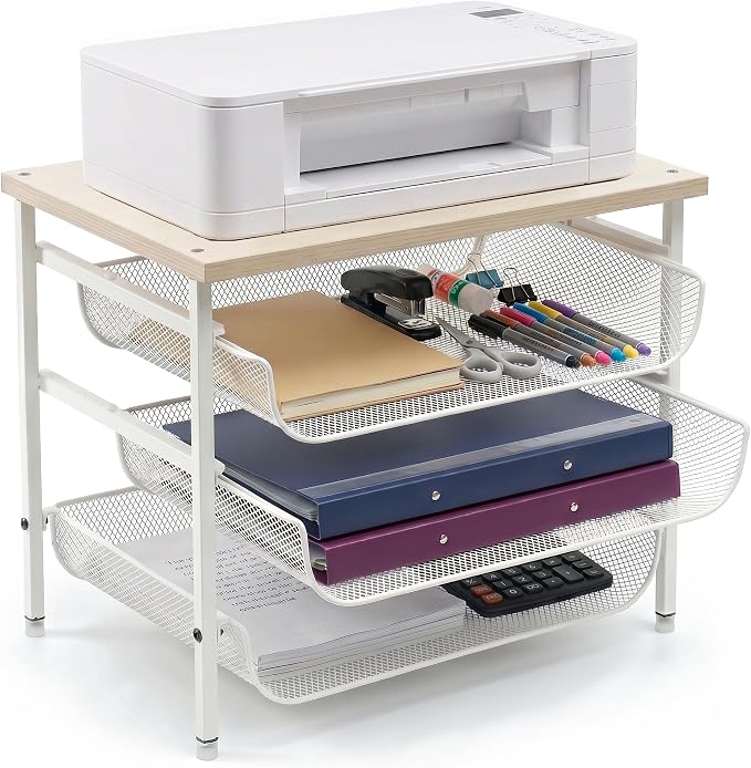 4-Tier Printer Stand for Desk with Storage Drawer Wooden Top Printer Shelf Metal Desktop Organizer Paper Organizer Printer Table for Home Office Accessories White