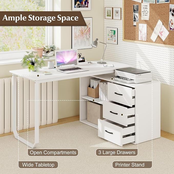 GIANTEX 55 Inch L-Shaped Desk with Charging Station, Reversible Computer Desk with 3 Drawers, Adjustable Shelf, Large Computer Workstation, Corner Desk for Small Spaces, Home Office (White)