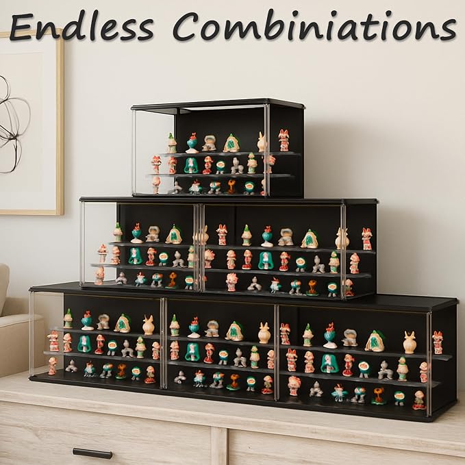 Clear Display Case for Collectibles, 3-Tier Stackable LED Figure Display Case with Magnetic Door, Adjustable Showcase for Models, Miniatures, Jewly (Black,2PCS)