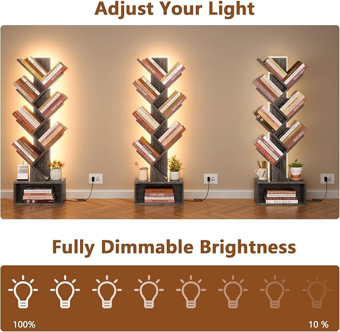 Hoctieon 6 Tier Tree Bookshelf, Tall Bookcase, Freestanding Book Shelf with LED Lights, Display Floor Standing Storage Shelf, Book Organizer Shelves for Home Office, Living Room, Grey