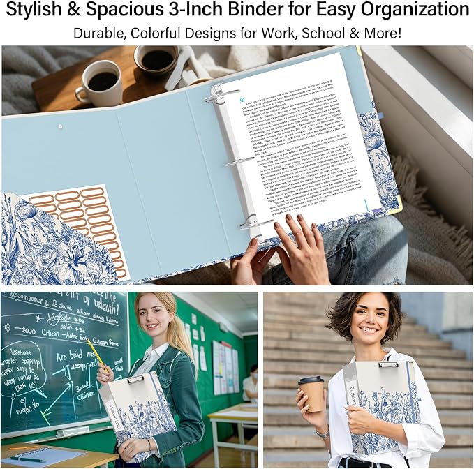 3 Ring Binder 3 Inch, Cute Round Ring Binder with 6 Tab Dividers & Label Stickers, Low Profile Clipboard with Storage, Fashion Binder for School Office Supplies (Vintage Blue Florals)