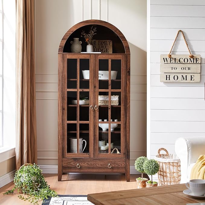 RowyPoey 71" Tall Arched Cabinet Bookshelf with Glass Door & Storage Drawer | Modern Farmhouse Display Cabinet,Adjustable Shelves,Wood Kitchen Pantry for Dining Room,Living Room,Office,Walnut,2 Pack