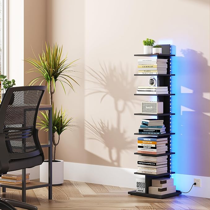 TUTOTAK Book Shelf, Narrow Spine Bookshelf, 8-Tier Bookcase with LED Lights | 10.4 x 13.4 x 47.5 Inches Vertical Freestanding Corner Shelf for Living Room, Office, Small Space, Black BS06BK008L