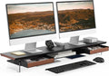 Fenge 42.5-Inch Monitor Stand with 2 Flexible Drawers, Black | Metal Shelf, Solid Wood Accents, Clear Acrylic Legs, Modern Desktop Organizer for Dual Monitors, Laptop & Printer