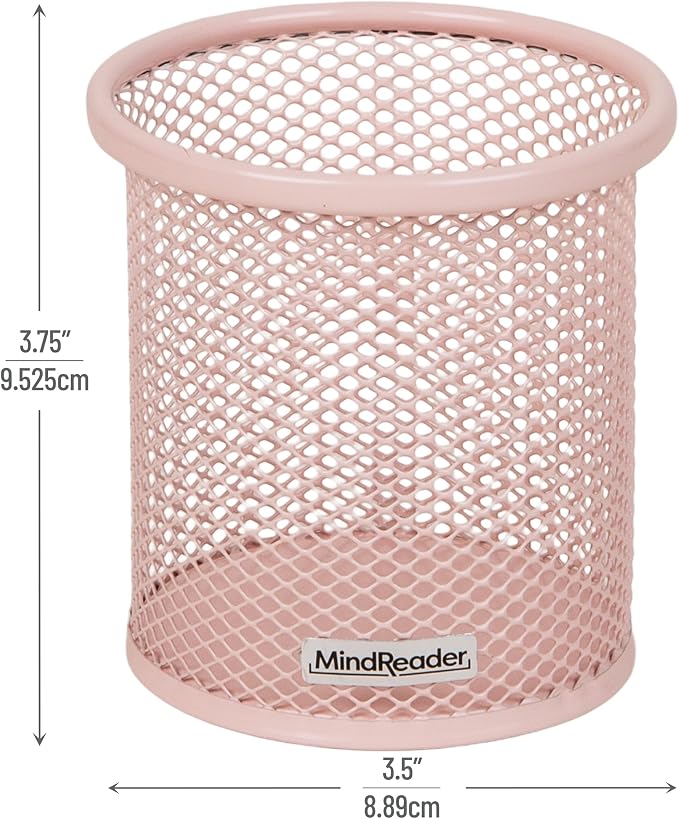 Mind Reader Pen and Accessories Holder, Desktop Organizer, Office, Metal Mesh, 3.5"L x 3.5"W x 3.75"H, Set of 3, Pink