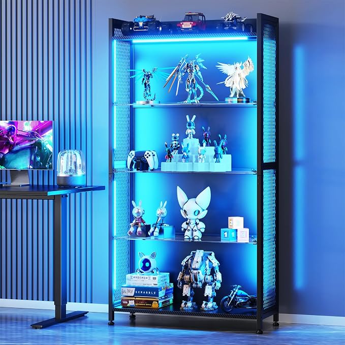 AODK Display Case with Glass Shelves & RGB Lights, 4-Tier Display Cabinet | LED Display Shelf with Industrial Metal Mesh & Open Shelf Design for Collectibles, Black Curio Cabinet, Book Case