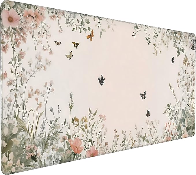 Cute Floral Aesthetic Wildflower Gaming Mouse Pad, Pink Macaron Desk Mat with Anti-Slip Base & Stitched Edges, Office & Home Desk Decor for Women, 35.4" x 15.7" in Computer Desktop Mat