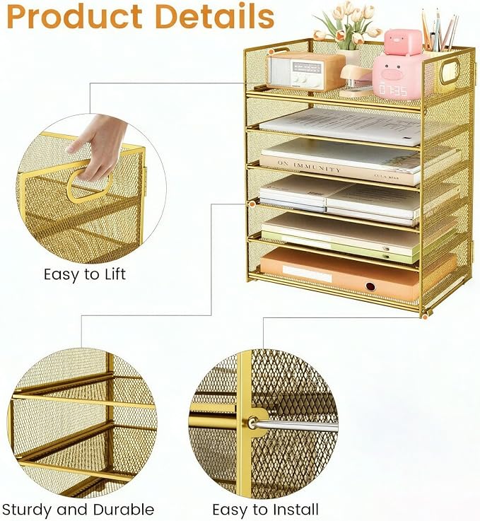 6 Trays Paper Organizer with Handle - Mesh Desk File/Letter Paper Sorter Organizer for Office, Home or School (Gold)