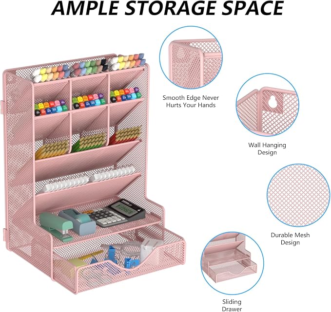 BOHDK Pen Organizer for Desk, Multi-Functional Desk Organizer, Wall Mount Pen Holder with Drawer for School, Office, Home, Art Supplies, Pink