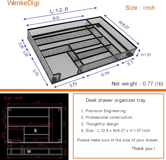2-Pack Metal Mesh Desk Drawer Organizer Tray Set, 6-Compartment Office Drawer Organizer for Pens Supplies, 12.6"x8.27"x1.57" Black