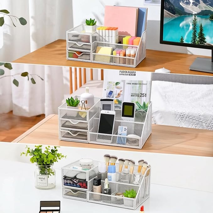 Lavatino Mesh Desk Organizer with 6 Compartments & 2 Drawers, Larger Multi-functional Desktop and Workspace Accessories Organizer for Office, Classroom, Dorm Supplies (White)