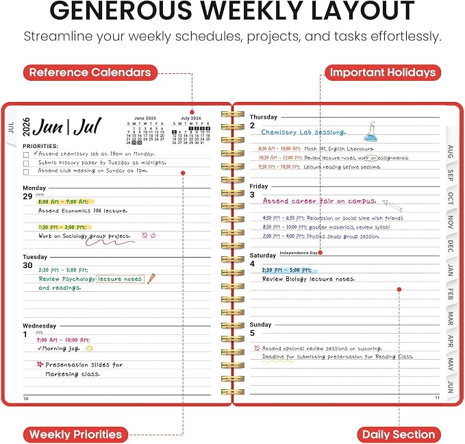 Taja Planner 2026-2027, 8.5" x 11" Calendar Planner, Jul 2026-Jun 2027 | Letter Hardcover Weekly & Monthly Academic Planner, Large Planning Agenda With Tabs, School & Office Supplies, Tomato Red