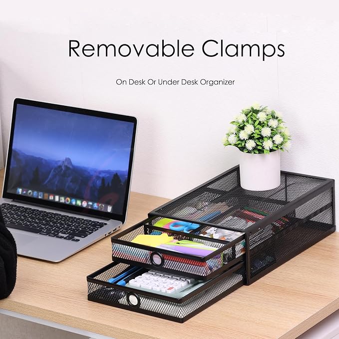 Under Desk Drawer, Clamp on Desk Organizer Slide Out Table Storage No Drill | 2Tier Under desk drawer: clamp on desk organizer, under desk drawer slide out, hanging desk organizer, no drill table storage