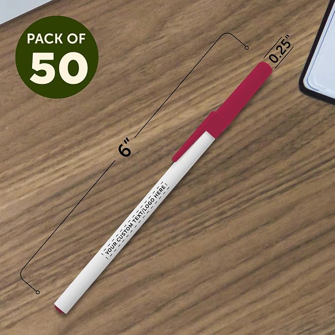 DISCOUNT PROMOS Custom Value Stick Pens Set of 50, Personalized Bulk Pack - Blue Ink, Great for Office, School, Business, Tradeshows, Events - Burgundy Cap