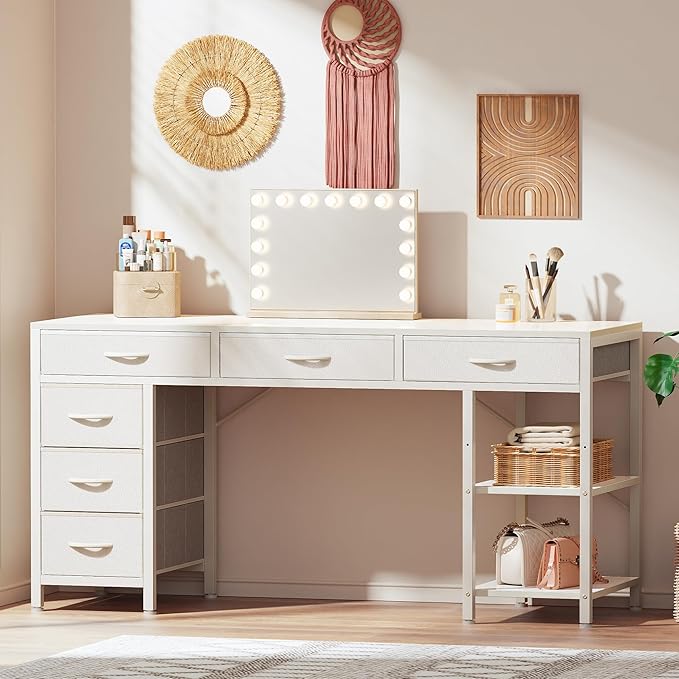 Huuger Computer Desk with 6 Drawers, Office Desk with Shelves, Reversible Gaming Desk, Corner Desk with Storage, Work for Home Office, Study, Living Room, 54inch, White