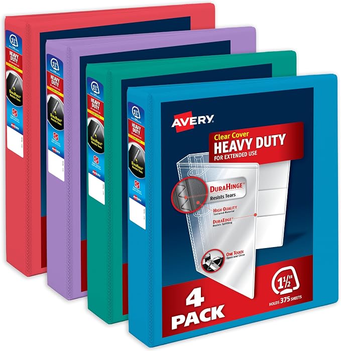 Avery Heavy-Duty View 3 Ring Binders, 1.5", 4 Assorted Bright Binders | For Heavy School, Home and Office Use, DuraHinge Tear-Resistant Spine, DuraEdge Split-Resistant Sides, Interior Pockets