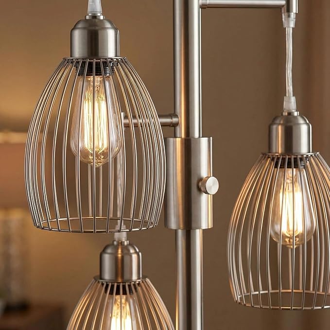 Dimmable Floor Lamp, Industrial Floor Lamps for Living Room, Brushed Nickel Tree Lamp Standing Lamp Tall Lamps with 3 Elegant Teardrop Cage Head & 800 Lumens LED Bulbs for Living Room Bedroom Office