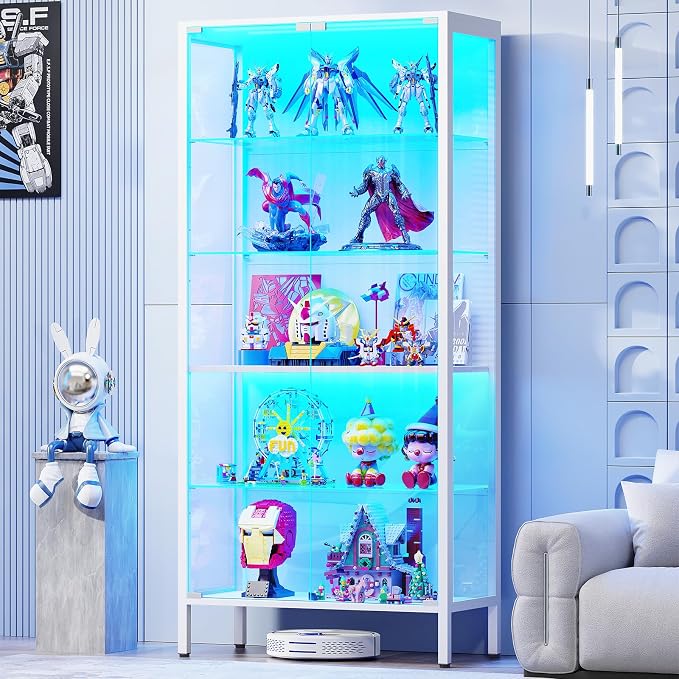 Glass Display Cabinet, 5-Tier Display Case with Adjustable Glass Shelves, Metal Curio Cabinet with 3 Color Lights for Collectibles, Bookcase with Human Body Sensor, White