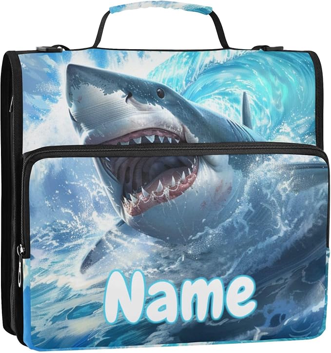 Custom Cute Shark Blue Ocean Wave 3 Ring Binder Bag 1.5 inch Personalized Name Binder Organizer 500 Sheet Documents Storage for School Office