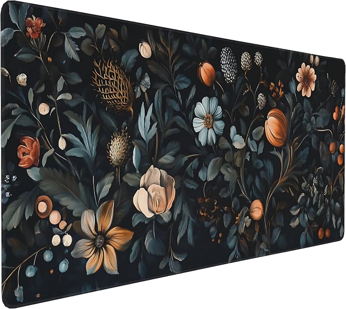 Floral Aesthetic Flower Bud Gaming Mouse Pad, Black Dark Botanical Desk Mat with Anti-Slip Base & Stitched Edges, Office & Home Desk Decor for Women, 35.4" x 15.7" in Computer Desktop Mat