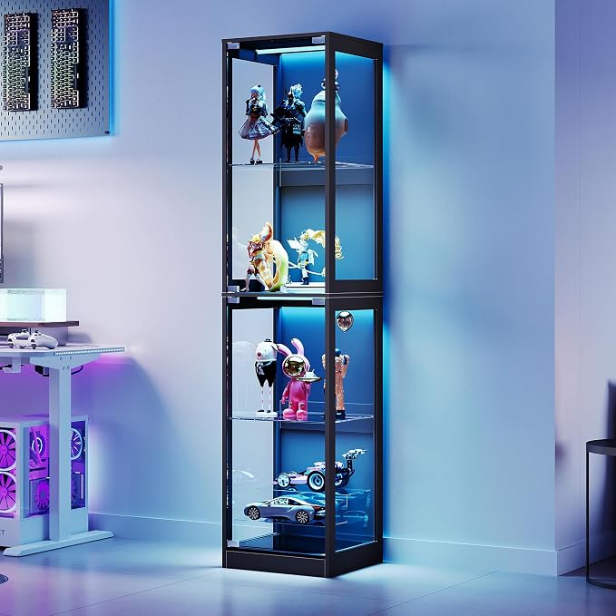 AMERLIFE 16-Inch RGB Display Cabinet | 70 H x 16 W x 16 D In, 4-Tier Storage, Adjustable Shelves, RGB LED Lights, for Collectibles, Black