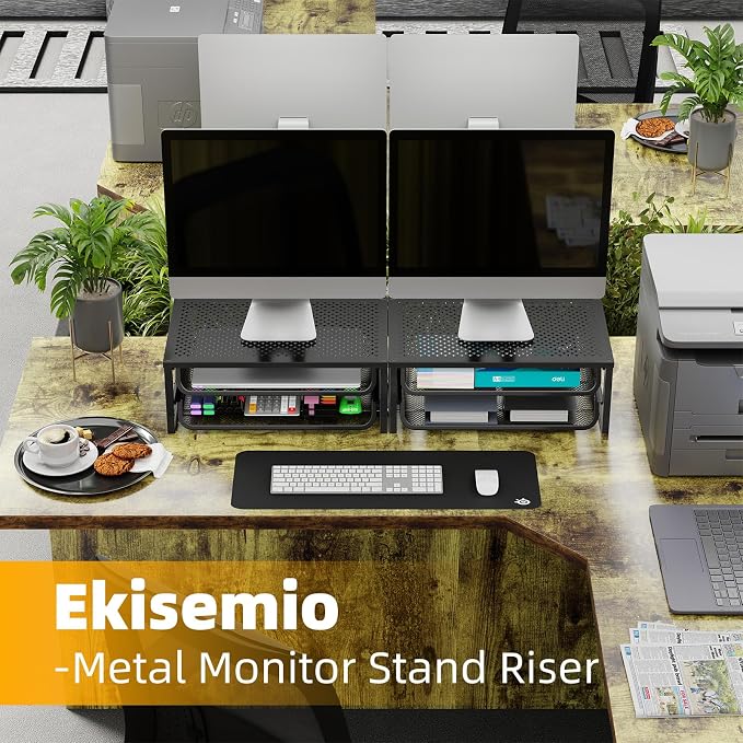 Ekisemio 2-Pack 2-Tier Monitor Stand Riser with Drawer, Metal Computer Desk Organizer for Home Office, Black