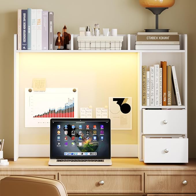 ChooChoo Desktop Bookshelf with LED Lights and 4 Shelves | 36.6", 2 Drawers, Fits 27" Monitor, Desk Organizer Shelf, Dorm Office Home, White