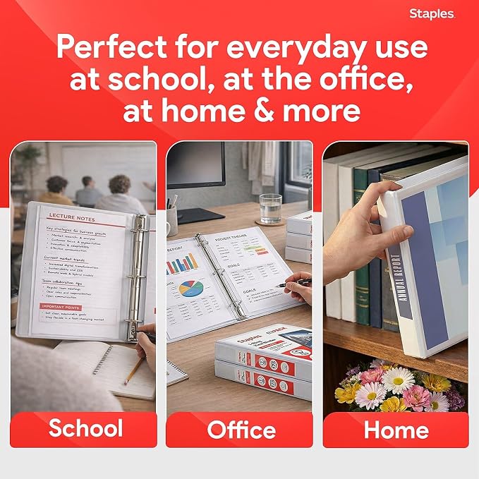 Staples Economy 1-Inch Round Ring Binder, Holds Up to 175 Sheets Each, 12-Pack, White, Lightweight Binders for School & Office