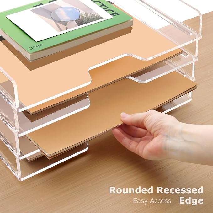 Acrylic Desk Organizer, Stackable Paper Organizer Letter Tray 4-Tier Clear | Enlarged File Organizer for Documents, Files, Letters, A4 Paper, Books, Notes, Mail & Paper Storage, Office Classroom Home