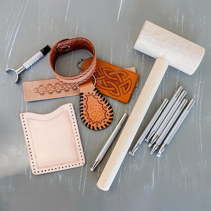 Realeather Explore Leathercraft Kit with Card Sleeve, Bookmark, Laced Key Fob, Wristband and Bag Tag