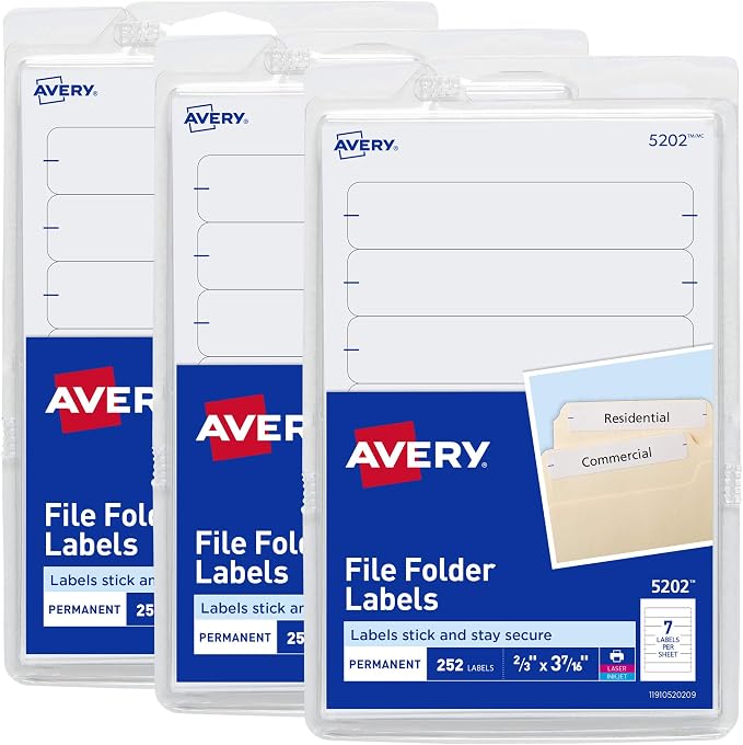 Avery® Easy Peel® File Folder Labels on 4" x 6" Sheets, 2/3" x 3-7/16", White, 3 Pack, 756 Labels Total (32131)