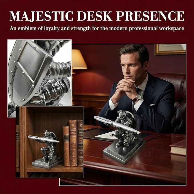 King's Guard Knight Pen Holder with Rollerball Pens, Medieval Warrior Desktop Organizer, Gothic Metal Desk Accessory Set, Silver Gift for Men