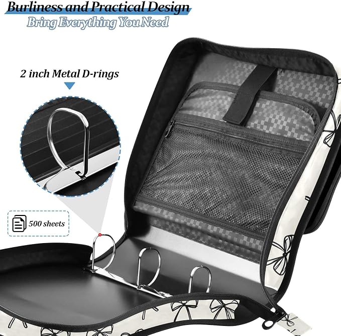Black Bow Pattern Zipper Binder 3 Ring with Handle and Shoulder Strap, 500 Sheet Binder Organizer Capacity & Multi-Pockets for School Office