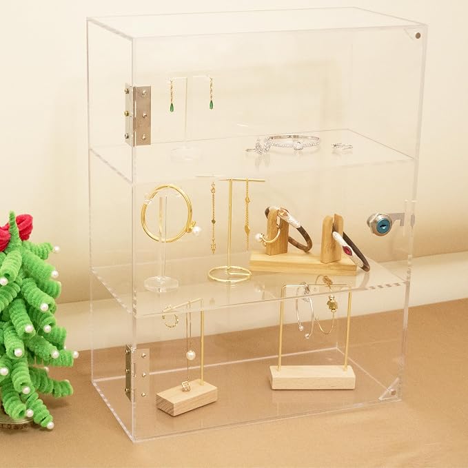 3 Shelf Locking Display Case with Key, Acrylic Countertop Cabinet | Clear dustproof lockable showcase, vitrinas para colecciones, small case for figurine, jewelry, bobblehead, perfume, knife